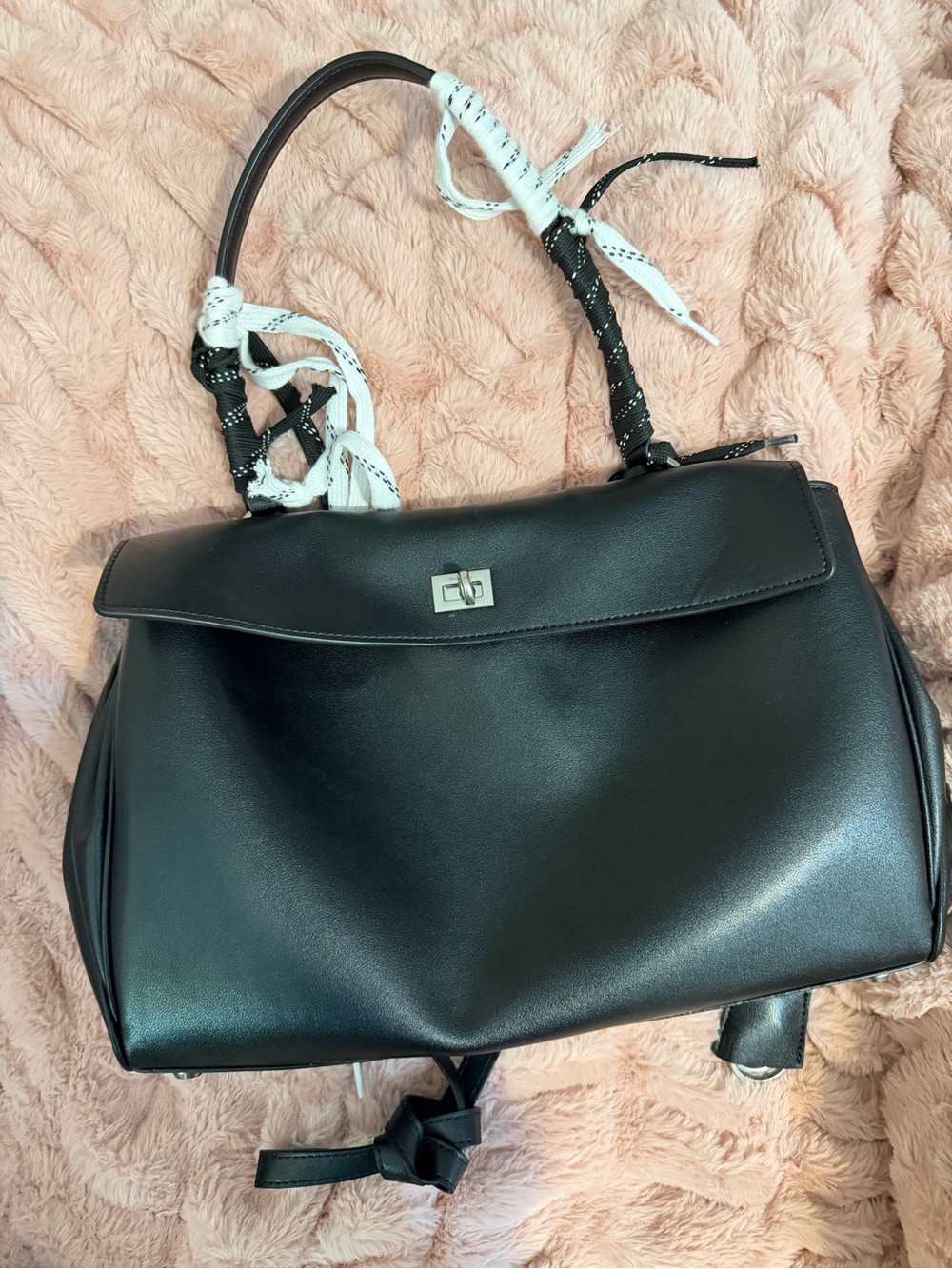Black Rodeo Style Leather Satchel Handbag with Woven Strap Accents